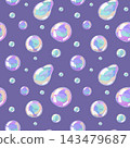 Soap bubbles seamless pattern isolated on dark purple background. Bright transparent circles with glossy reflections. Vector texture for modern design, packaging, kids products, prints 143479687
