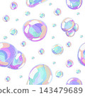 Glossy transparent soap bubbles seamless pattern isolated on white. Shiny pastel texture. Vector rainbow background for skincare branding, product wrap, cosmetic and kids print design 143479689