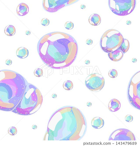 Glossy transparent soap bubbles seamless pattern isolated on white. Shiny pastel texture. Vector rainbow background for skincare branding, product wrap, cosmetic and kids print design Glossy transparent soap bubbles seamless pattern isolated on white. Shiny pastel texture. Vector rainbow background for skincare branding, product wrap, cosmetic and kids print design 143479689
