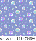 Magical seamless soap bubble pattern with glossy texture on dark blue background. Sparkling dreamy rainbow reflections for luxurious and stylish visuals. Vector texture for hygiene product design 143479690
