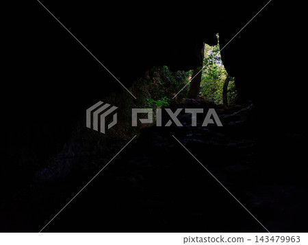 Dark interior view of a deep natural limestone cave opening towards a lush green forest. Dark interior view of a deep natural limestone cave opening towards a lush green forest. 143479963