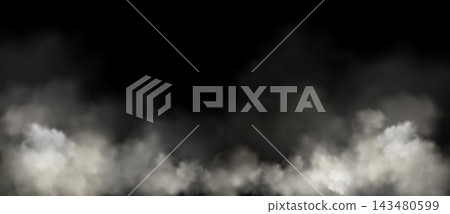 Foggy gray clouds on black background. Foggy gray clouds on black background. 143480599