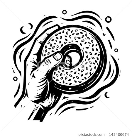 Black and white vintage style illustration of a hand holding a bagel doughnut food sketch Black and white vintage style illustration of a hand holding a bagel doughnut food sketch 143480674