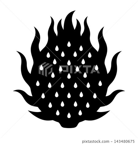 Black silhouette of a stylized dragon fruit icon with spikes and seeds on white background 143480675