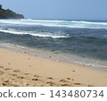 Scenic tropical beach with clear blue ocean water, gentle rolling waves, sandy shoreline, natural stones, and a lush green coastal headland under a clear blue sky.  143480734