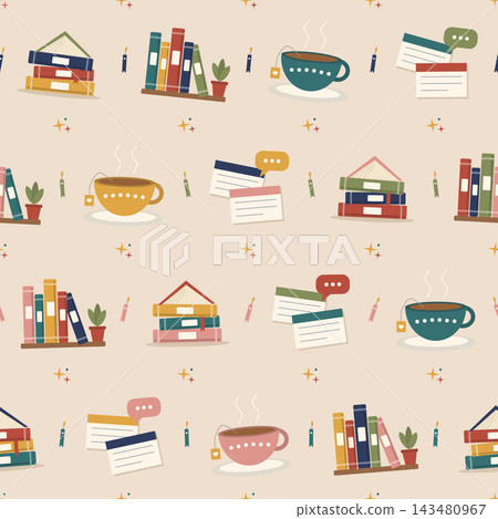 Book Club Seamless Pattern with Coffee Icons Book Club Seamless Pattern with Coffee Icons 143480967