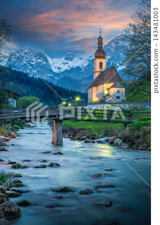 Ramsau St Sebastian Church Mountain River Sunset View Ramsau St Sebastian Church Mountain River Sunset View 143481003
