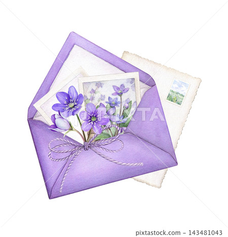 Purple envelope with botanical photos, spring flowers, postcard with postage stamp and twine bow. Watercolor illustration for stationery, scrapbooking, invitations, cards 143481043