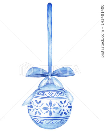 Watercolor chinoiserie Christmas ball hanging on blue ribbon with bow, blue and white porcelain ornament isolated Watercolor chinoiserie Christmas ball hanging on blue ribbon with bow, blue and white porcelain ornament isolated 143481400