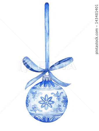 Watercolor blue and white chinoiserie Christmas bauble with floral ornament hanging on ribbon bow isolated Watercolor blue and white chinoiserie Christmas bauble with floral ornament hanging on ribbon bow isolated 143481401