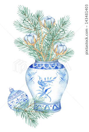 Watercolor chinoiserie Christmas composition, ginger jar with pine and cotton bouquet and blue ornament isolated 143481403