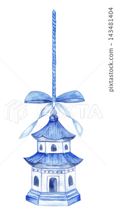 Watercolor chinoiserie Christmas ornament, blue and white porcelain pagoda hanging on twisted cord with bow isolated Watercolor chinoiserie Christmas ornament, blue and white porcelain pagoda hanging on twisted cord with bow isolated 143481404