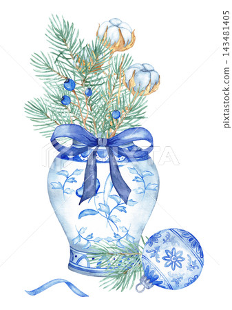 Watercolor chinoiserie Christmas card, blue and white ginger jar with bow, pine and cotton bouquet and ornament isolated Watercolor chinoiserie Christmas card, blue and white ginger jar with bow, pine and cotton bouquet and ornament isolated 143481405