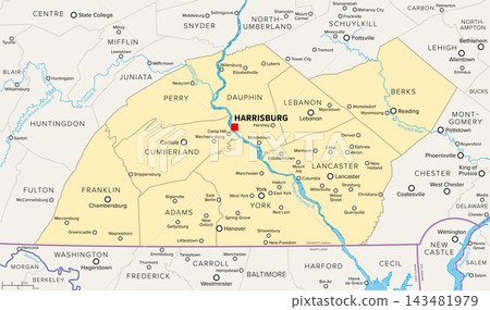 Pennsylvania Dutch Country, political map. Originally a region in Pennsylvania, United States, with distinctive Pennsylvania Dutch culture, today the phrase is used more in a tourism context. Vector Pennsylvania Dutch Country, political map. Originally a region in Pennsylvania, United States, with distinctive Pennsylvania Dutch culture, today the phrase is used more in a tourism context. Vector 143481979