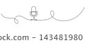 Single line drawing of microphone creates continuous outline art. Perfect for music studio, podcast, radio interview, or concert poster design with minimalist linear style. 143481980