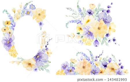 Watercolor clipart with light purple and yellow flowers, botanical isolated wedding illustration Watercolor clipart with light purple and yellow flowers, botanical isolated wedding illustration 143481993