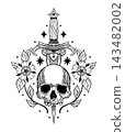 Gothic Skull with Dagger Flowers and Stars Tattoo Art 143482002