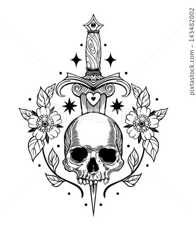 Gothic Skull with Dagger Flowers and Stars Tattoo Art Gothic Skull with Dagger Flowers and Stars Tattoo Art 143482002