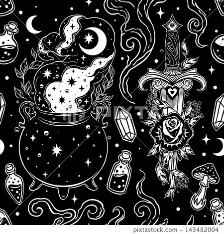 Witchcraft Witch Cauldron and Dagger Seamless Pattern 143482004