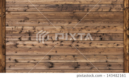 Rustic wooden wall featuring horizontal planks, visible knots 143482161