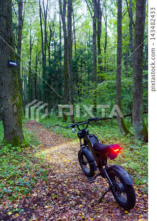 Black electric bike with glowing rear light parked on a leaf-strewn forest trail, adventurous ride through the wild woods, eco-friendly off-road transportation during autumn season Black electric bike with glowing rear light parked on a leaf-strewn forest trail, adventurous ride through the wild woods, eco-friendly off-road transportation during autumn season 143482433