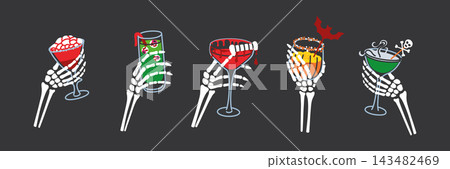 Halloween cocktails clipart set, flat cartoon skeleton hands holding glasses with eyeball garnish, blood drip, bat decoration on black background. Spooky party drinks and horror, vector illustration Halloween cocktails clipart set, flat cartoon skeleton hands holding glasses with eyeball garnish, blood drip, bat decoration on black background. Spooky party drinks and horror, vector illustration 143482469