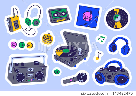 Retro music sticker set, flat cartoon cassette player, headphones, vinyl record, turntable, boombox and microphone on blue background. Nostalgic audio equipment and disco theme, vector illustration Retro music sticker set, flat cartoon cassette player, headphones, vinyl record, turntable, boombox and microphone on blue background. Nostalgic audio equipment and disco theme, vector illustration 143482479