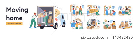 Moving home collection, flat cartoon movers loading delivery truck with boxes, couple holding house key, furniture carrying and unpacking. Relocation, new home, packing service vector illustration Moving home collection, flat cartoon movers loading delivery truck with boxes, couple holding house key, furniture carrying and unpacking. Relocation, new home, packing service vector illustration 143482480