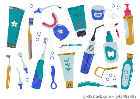 Dental care clipart set, flat cartoon toothpaste tubes, electric and manual toothbrush, floss, mouthwash and interdental brushes. Oral hygiene and teeth cleaning routine, vector illustration Dental care clipart set, flat cartoon toothpaste tubes, electric and manual toothbrush, floss, mouthwash and interdental brushes. Oral hygiene and teeth cleaning routine, vector illustration 143482482