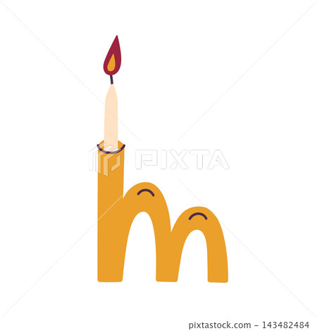 Burning candle icon, flat cartoon lit wax stick with flame on decorative arched holder. Warm cozy lighting and interior decor, vector illustration, isolated colored clipart on white background Burning candle icon, flat cartoon lit wax stick with flame on decorative arched holder. Warm cozy lighting and interior decor, vector illustration, isolated colored clipart on white background 143482484