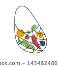 Mesh grocery bag icon, flat cartoon net sack filled with orange, carrot, radish, plum and leafy greens. Fresh produce and healthy grocery shopping, vector illustration, isolated colored clipart 143482486