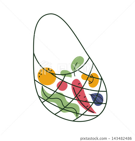 Mesh grocery bag icon, flat cartoon net sack filled with orange, carrot, radish, plum and leafy greens. Fresh produce and healthy grocery shopping, vector illustration, isolated colored clipart Mesh grocery bag icon, flat cartoon net sack filled with orange, carrot, radish, plum and leafy greens. Fresh produce and healthy grocery shopping, vector illustration, isolated colored clipart 143482486