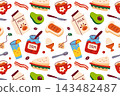Breakfast seamless pattern with flat cartoon food items on white background, milk carton, jam jar, sandwich, toast, avocado, bacon, coffee cup. Morning meal and healthy eating, vector illustration 143482487