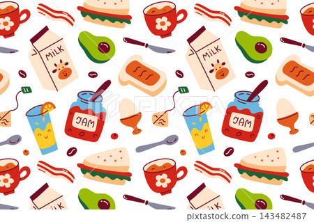 Breakfast seamless pattern with flat cartoon food items on white background, milk carton, jam jar, sandwich, toast, avocado, bacon, coffee cup. Morning meal and healthy eating, vector illustration 143482487