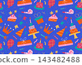 Birthday seamless pattern with flat cartoon party elements on blue background, cake slices, gift boxes, crowns, balloons, party hats and confetti. Celebration and holiday festive design 143482488