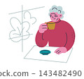 Elderly woman scene, flat cartoon character enjoying tea at cafe table with plant and window in background. Senior lifestyle, relaxation and wellbeing concept, vector illustration 143482490