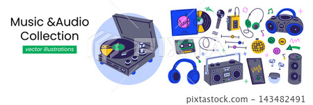 Music audio set, flat cartoon vinyl turntable, cassette player, boombox, headphones and smartphone. Bright vector illustration collection for retro sound equipment and music technology concept Music audio set, flat cartoon vinyl turntable, cassette player, boombox, headphones and smartphone. Bright vector illustration collection for retro sound equipment and music technology concept 143482491