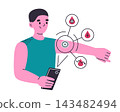 Blood sugar monitoring scene, flat cartoon man with smart sensor on arm checking glucose levels on smartphone. Vector illustration for continuous glucose monitor and diabetes health tracking concept 143482494