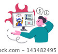 AI chat limit scene, flat cartoon worried man at computer with assistant refusing reply, prompting subscription purchase. Vector illustration for artificial intelligence usage limit, payment upgrade 143482495