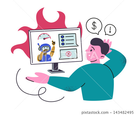 AI chat limit scene, flat cartoon worried man at computer with assistant refusing reply, prompting subscription purchase. Vector illustration for artificial intelligence usage limit, payment upgrade AI chat limit scene, flat cartoon worried man at computer with assistant refusing reply, prompting subscription purchase. Vector illustration for artificial intelligence usage limit, payment upgrade 143482495