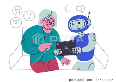 Senior woman scene, flat cartoon elderly character learning tablet with friendly AI assistant robot on sofa. Vector illustration for technology help, digital literacy and senior lifestyle concept Senior woman scene, flat cartoon elderly character learning tablet with friendly AI assistant robot on sofa. Vector illustration for technology help, digital literacy and senior lifestyle concept 143482496