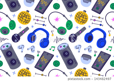 Music party seamless pattern with flat cartoon headphones, wireless earbuds, portable speakers, microphones and smartphones. Vector illustration for audio technology and party sound equipment theme Music party seamless pattern with flat cartoon headphones, wireless earbuds, portable speakers, microphones and smartphones. Vector illustration for audio technology and party sound equipment theme 143482497