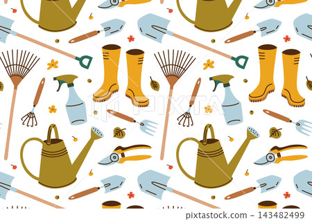 Gardening tools seamless pattern with flat cartoon watering cans, rubber boots, rakes, shovels, pruners and spray bottles. Vector illustration for garden hobby and outdoor work theme, colored pattern Gardening tools seamless pattern with flat cartoon watering cans, rubber boots, rakes, shovels, pruners and spray bottles. Vector illustration for garden hobby and outdoor work theme, colored pattern 143482499