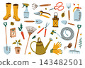 Gardening tools clipart set, flat cartoon rubber boots, watering can, shovel, rake, pruner, hose and seedling pot. Vector illustration for garden work and outdoor hobby concept 143482501