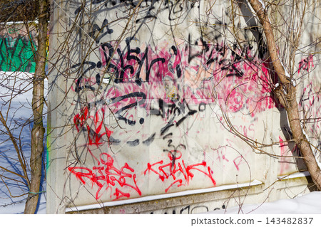 Vibrant street art murals painted on a weathered concrete wall in a winter setting, framed by thin branches of bare trees with snowy ground in the background 143482837