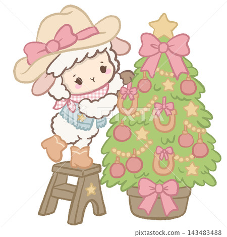 Cute Cowgirl Christmas Lamb Decorating a Pink and Green Christmas Tree with Horseshoe Ornaments and Pink Bows Illustration Cute Cowgirl Christmas Lamb Decorating a Pink and Green Christmas Tree with Horseshoe Ornaments and Pink Bows Illustration 143483488