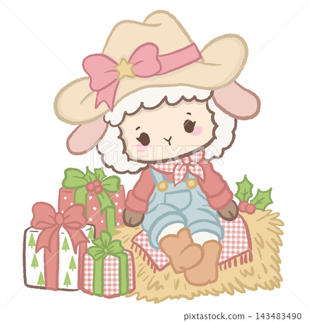 Cute Cowgirl Christmas Lamb Sitting on a Hay Bale Surrounded by Festive Wrapped Christmas Presents Illustration Cute Cowgirl Christmas Lamb Sitting on a Hay Bale Surrounded by Festive Wrapped Christmas Presents Illustration 143483490