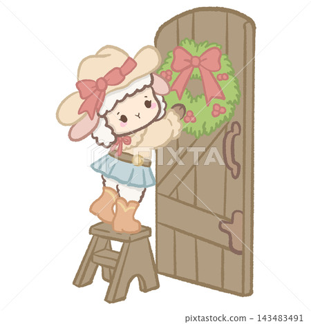 Cute Cowgirl Christmas Lamb Standing on a Wooden Stool Hanging a Christmas Wreath on Rustic Barn Door Illustration Cute Cowgirl Christmas Lamb Standing on a Wooden Stool Hanging a Christmas Wreath on Rustic Barn Door Illustration 143483491