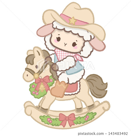 Cute Cowgirl Christmas Lamb Riding a Wooden Rocking Horse Decorated with Christmas Wreath and Pink Bows Illustration Cute Cowgirl Christmas Lamb Riding a Wooden Rocking Horse Decorated with Christmas Wreath and Pink Bows Illustration 143483492