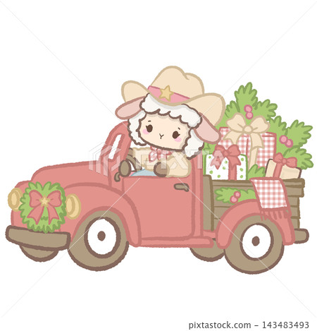 Cute Cowgirl Christmas Lamb Driving a Pink Vintage Pickup Truck Filled with Christmas Presents and Greenery Illustration Cute Cowgirl Christmas Lamb Driving a Pink Vintage Pickup Truck Filled with Christmas Presents and Greenery Illustration 143483493